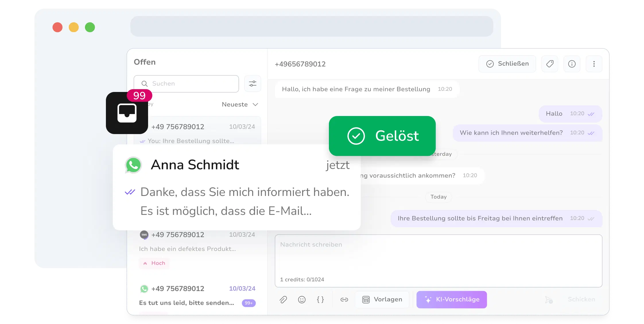Screenshot des einheitlichen Posteingangs von TopMessage mit aufgelösten WhatsApp-Konversationen.
