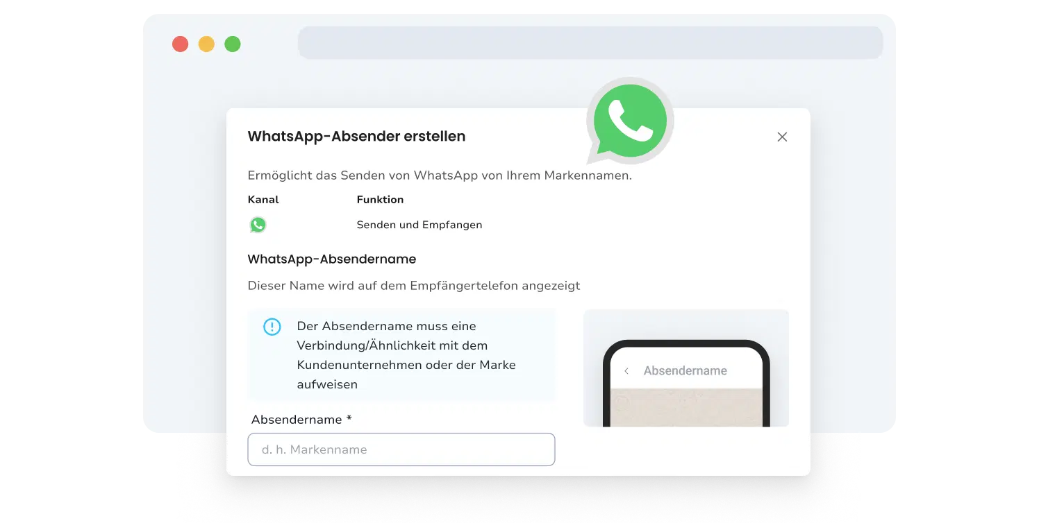 Screenshot der Seite zur Übermittlung von WhatsApp-Absendern von TopMessage.