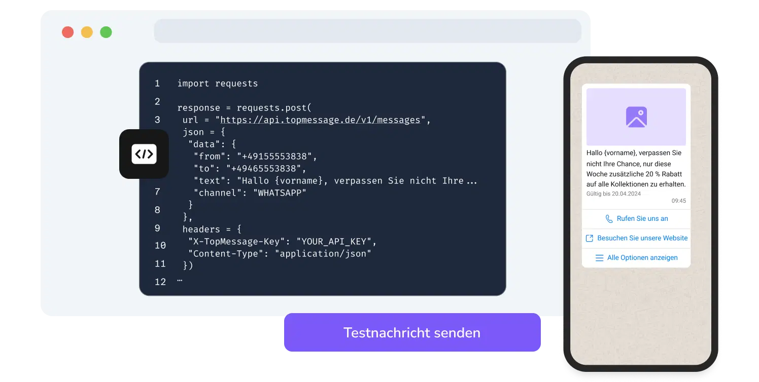 Screenshot der API-Seite von TopMessage mit der WhatsApp-Codetestfunktion.