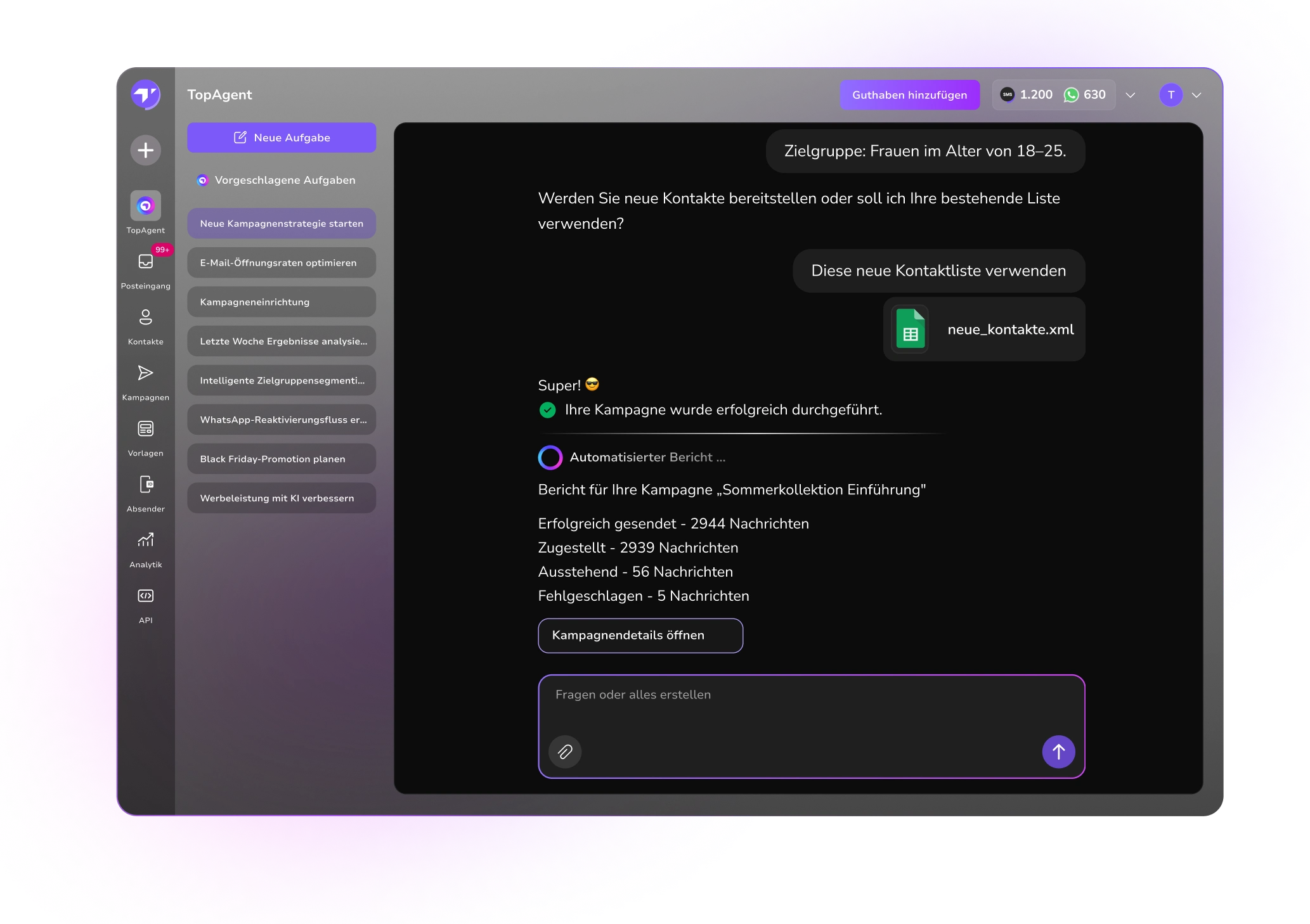Screenshot des TopMessage KI-Dashboards, das die automatische Kampagnenerstellung, proaktives Reporting und die KI zeigt, die Kundenaufgaben ohne manuelle Eingabe erledigt.