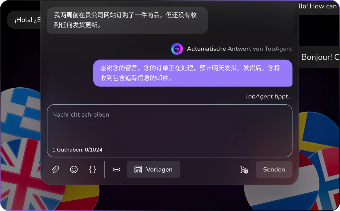 Visuelle Darstellung eines KI-gesteuerten mehrsprachigen Kundensupports, der in der Lage ist, Anfragen zu verstehen und zu beantworten.