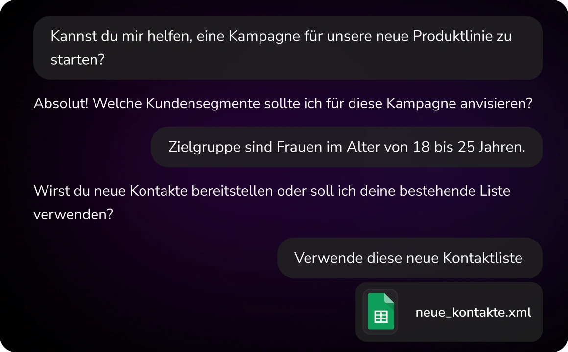 Screenshot der TopMessage TopAgent-Benutzeroberfläche, die den Benutzer zur Eingabe von Informationen für die automatische Erstellung von Kampagnen auffordert, einschließlich Feldern für Kampagnenziele, Zielgruppen und Nachrichtenpräferenzen.