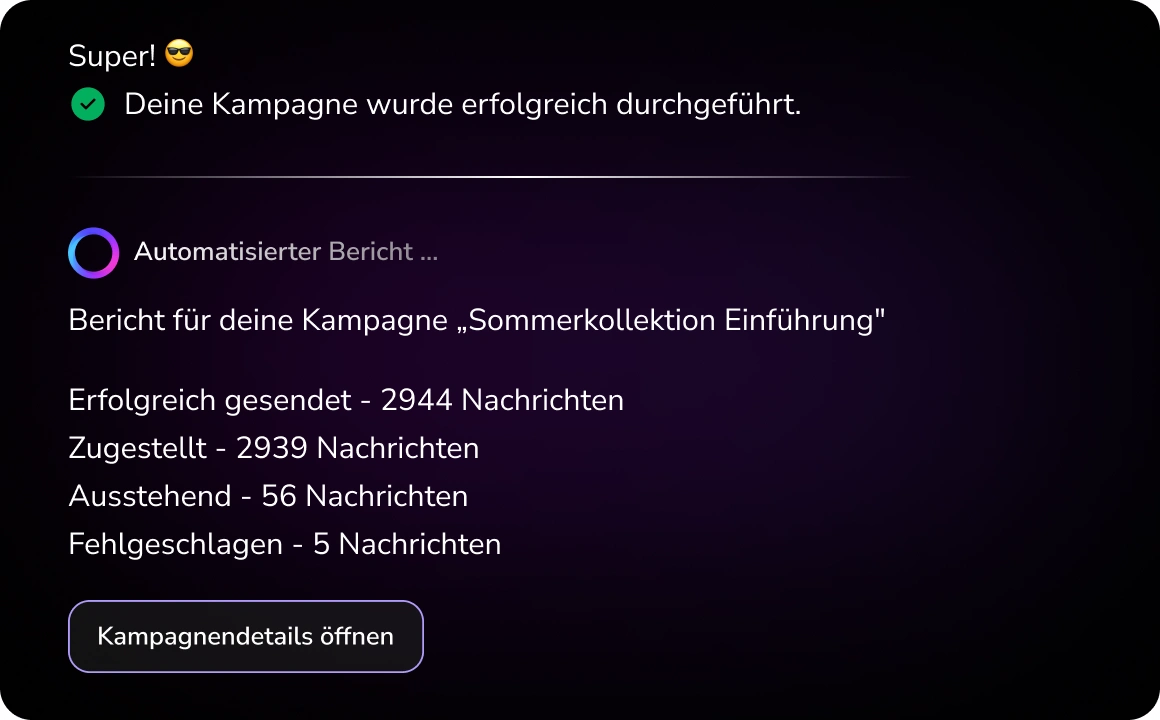 Screenshot der TopAgent-Benutzeroberfläche, die proaktives Reporting zeigt, bei dem die KI automatisch Einblicke und Engagement-Metriken liefert, ohne dass der Benutzer diese anfordern muss.
