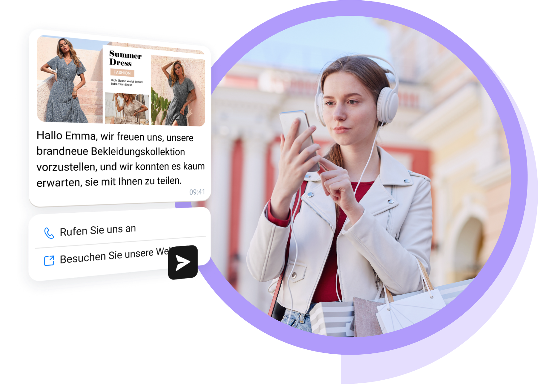 Junge Frau mit weißen Kopfhörern liest eine Marketingnachricht aus dem E-Commerce über TopMessage.