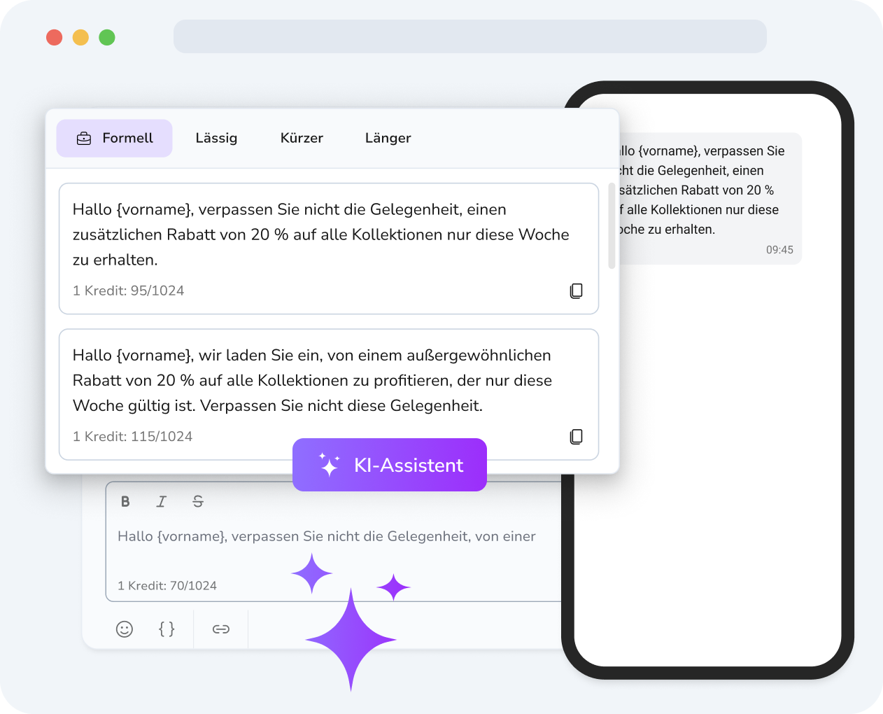 Handybildschirm mit KI-gestützten Antwortvorschlägen von TopMessage für eine eingehende SMS-Nachricht, versandbereit per Fingertipp.
