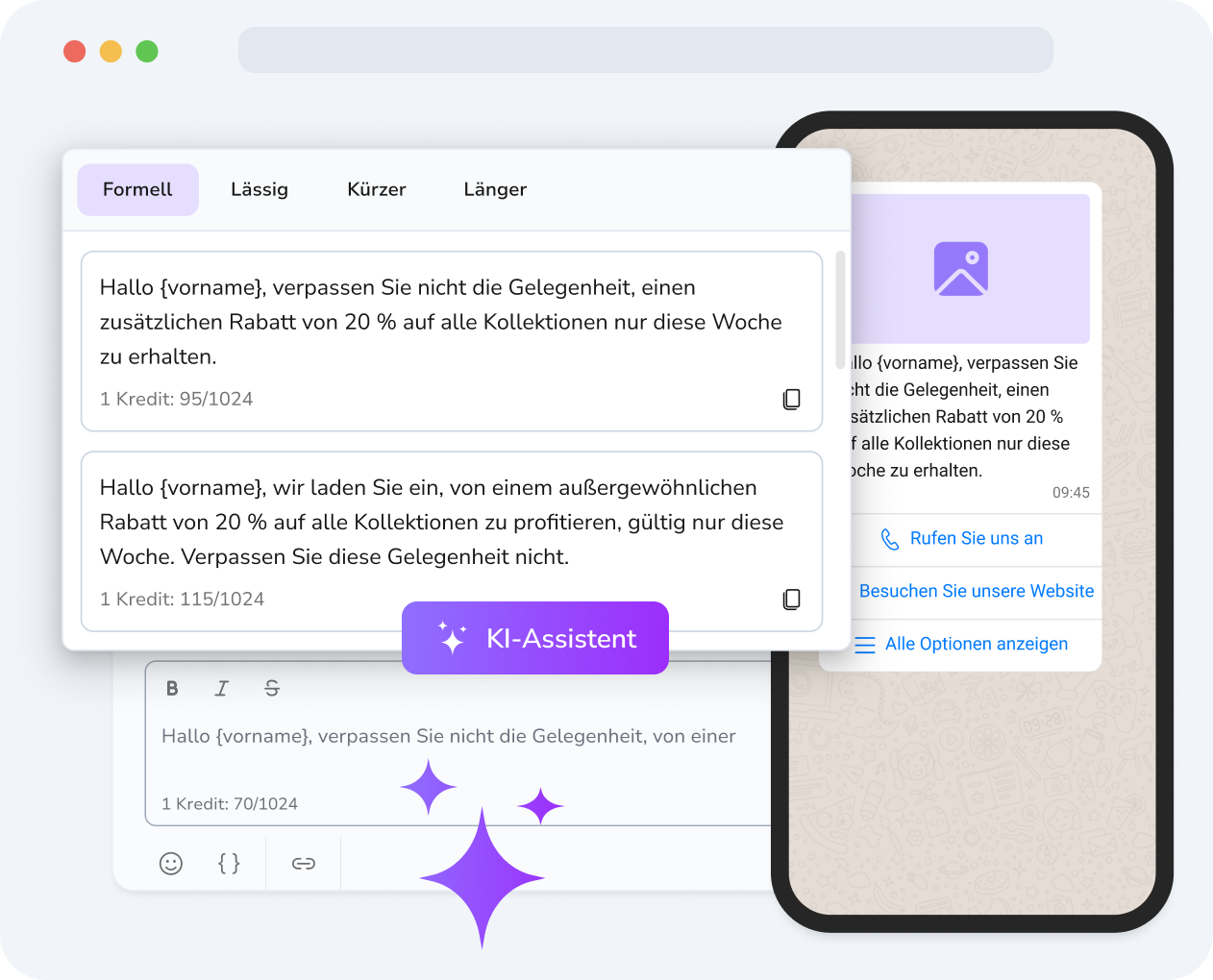 Handybildschirm mit KI-generierten Antwortvorschlägen von TopMessage für eine eingehende WhatsApp-Nachricht, versandbereit per Fingertipp.