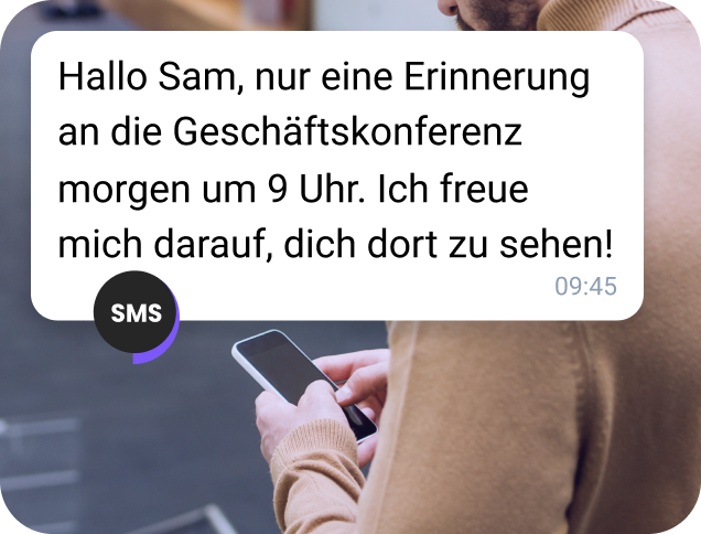 KI-generierte Konferenz-Erinnerung, über TopMessage per SMS auf einem Smartphone gesendet.