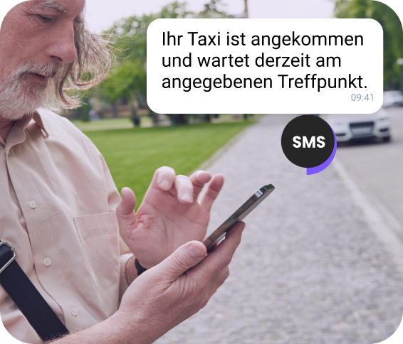 TopMessage KI-SMS-Benachrichtigung mit Details zur Taxiankunft auf einem Mobilgerät.