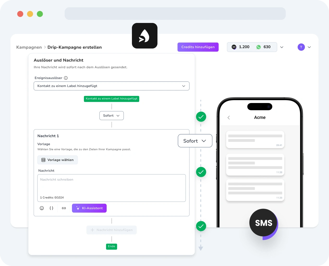 Screenshot der TopMessage-Oberfläche für SMS-Drip-Kampagnen.