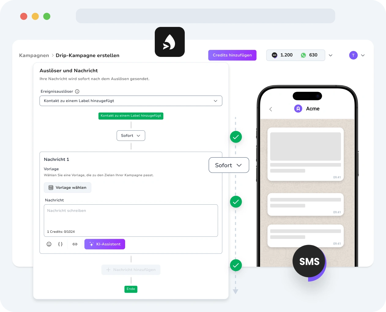 Screenshot der TopMessage-Oberfläche für WhatsApp-Drip-Kampagnen.