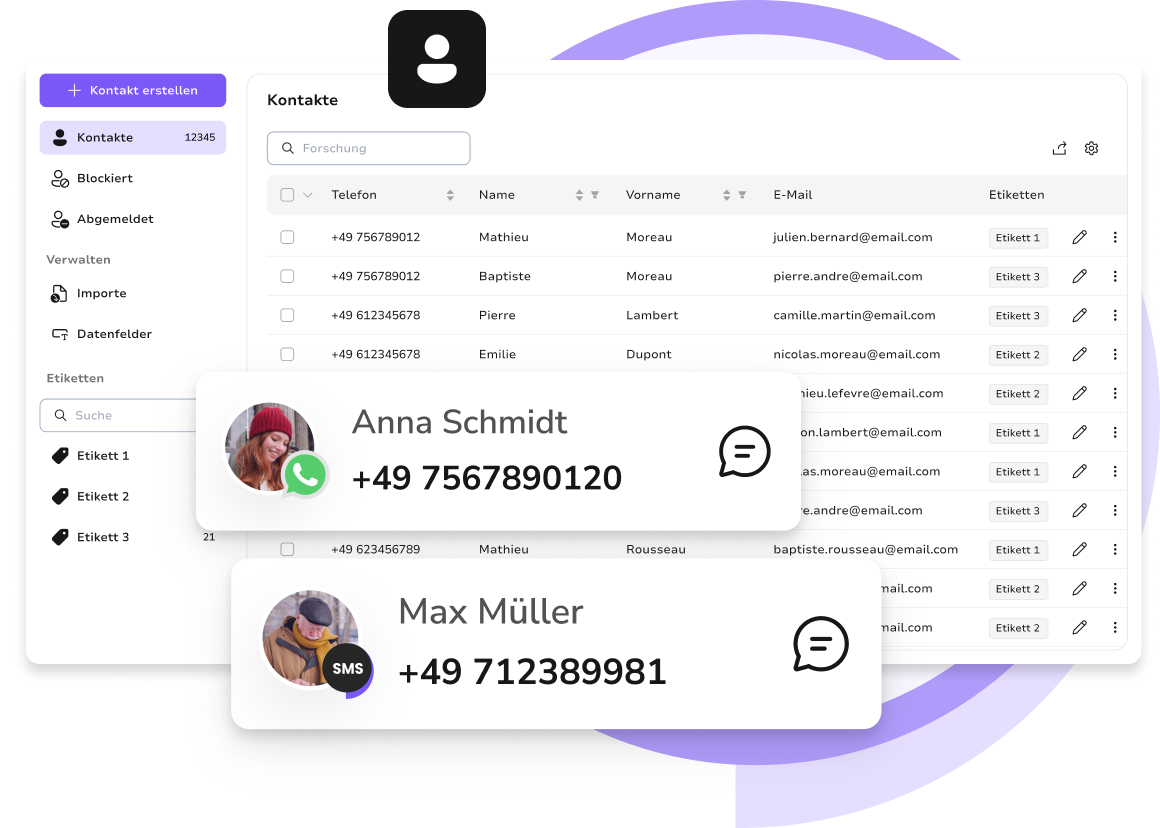 TopMessage-Kontaktverwaltungsoberfläche zum Hinzufügen, Segmentieren und Exportieren von Kontakten für SMS- und WhatsApp-Kampagnen