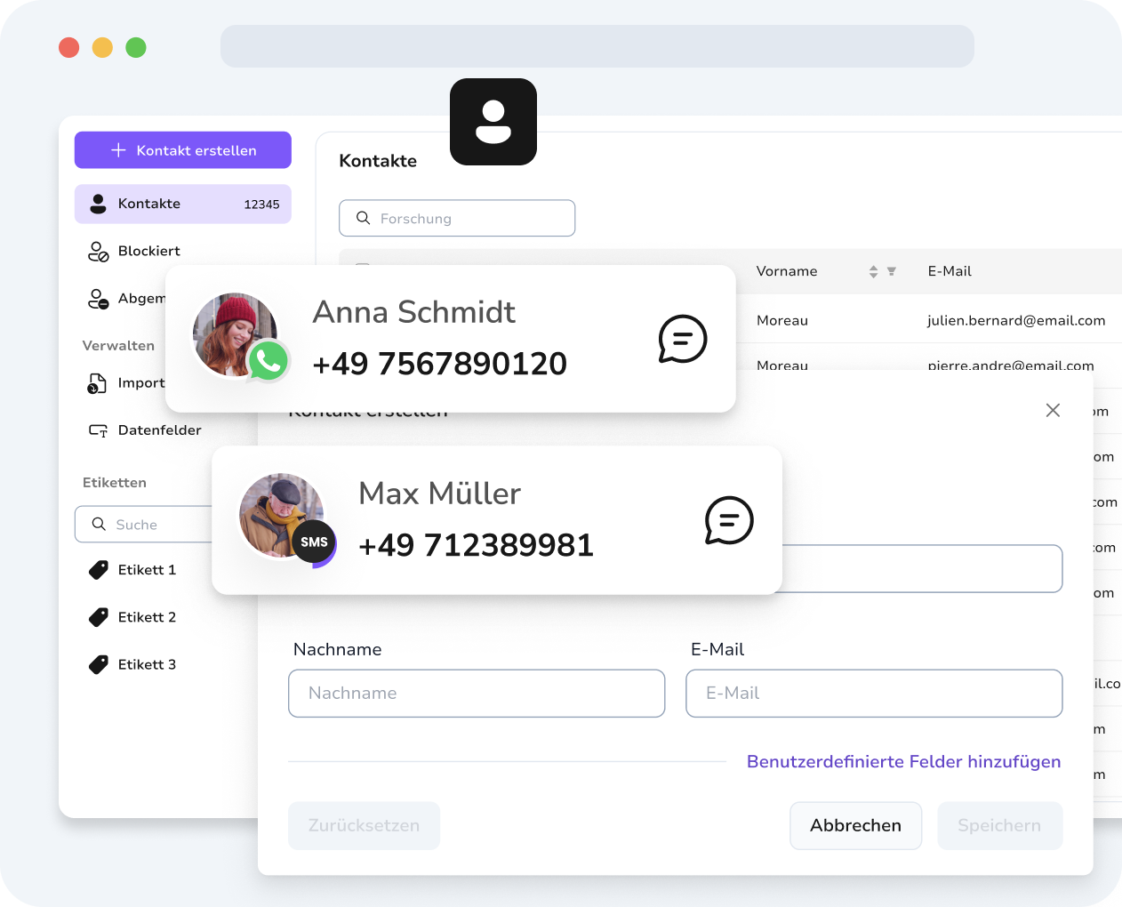 TopMessage-Kontaktverwaltung mit benutzerdefinierten Feldern zum Personalisieren von SMS- und WhatsApp-Nachrichten"