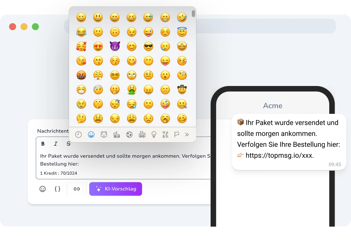 Chat-Konversation auf einem Smartphone mit Emojis wie Smileys, Daumen hoch und Handgesten, um Persönlichkeit und Engagement hinzuzufügen.