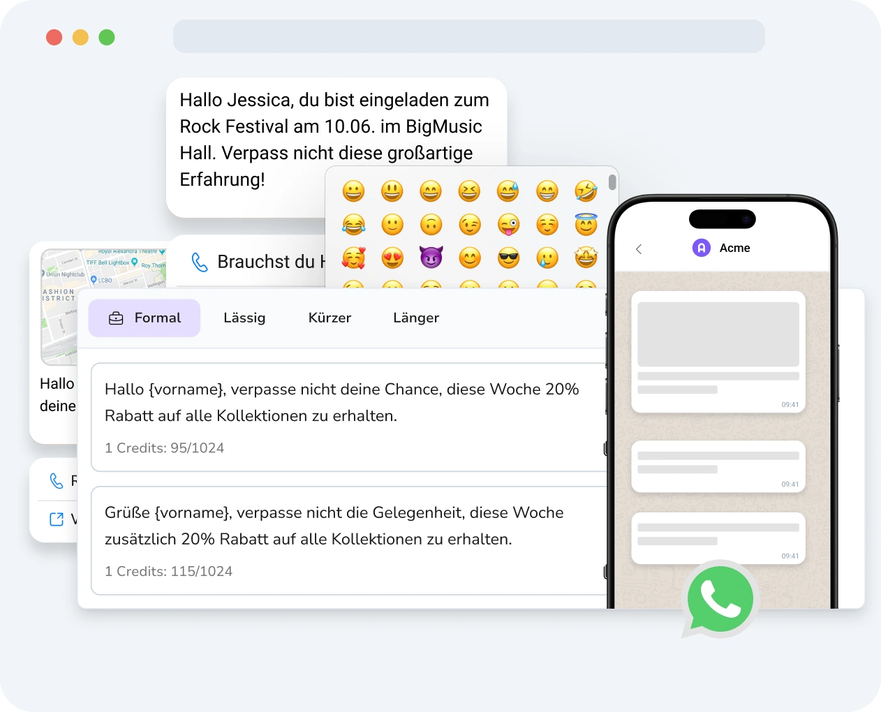 Screenshot der TopMessage-Oberfläche, die das Tool für angereicherte WhatsApp mit Personalisierungsoptionen und Leistungskennzahlen zeigt.