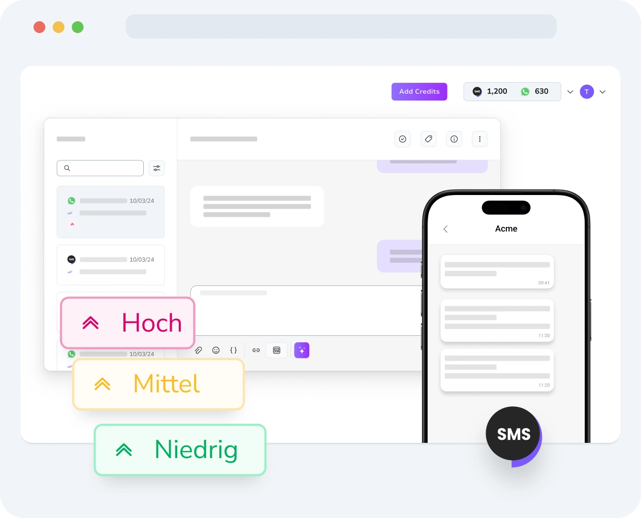 Benutzeroberfläche, die Einstellungen für die SMS-Nachrichtenpriorisierung und Leistungsmetriken in TopMessage anzeigt.