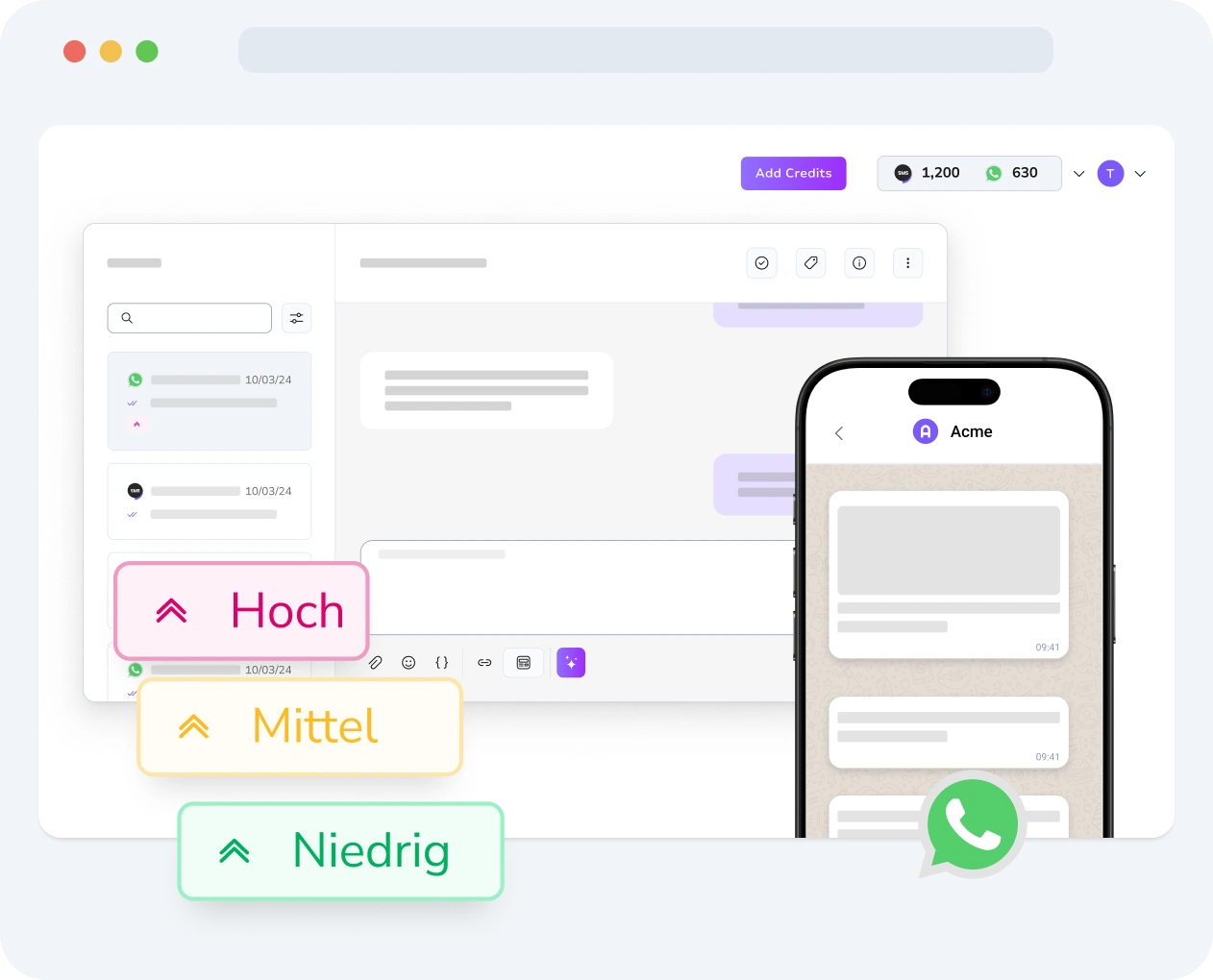 Benutzeroberfläche, die Einstellungen für die WhatsApp-Nachrichtenpriorisierung und Leistungsmetriken in TopMessage anzeigt.