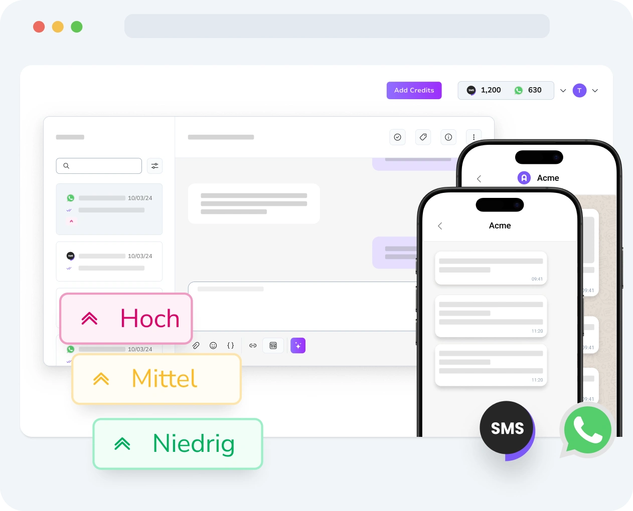 Screenshot der TopMessage-Benutzeroberfläche zur Einrichtung der Nachrichtenpriorisierung und Leistungsmetriken.