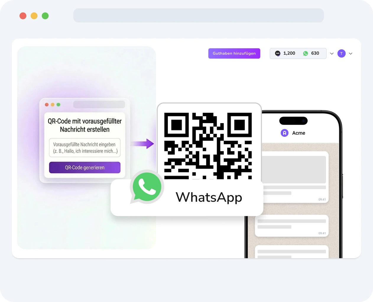 Screenshot der TopMessage-Benutzeroberfläche mit dem WhatsApp-QR-Code-Erstellungstool, Anpassungsmöglichkeiten und Leistungsmetriken.
