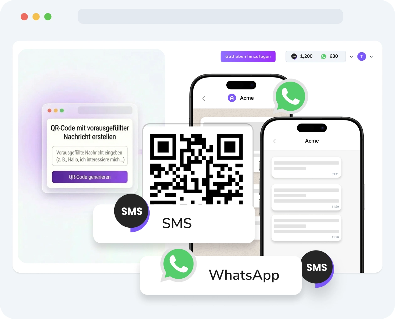 Screenshot der TopMessage-Oberfläche mit dem QR-Code-Erstellungstool, einschließlich Anpassung und Leistungsmetriken