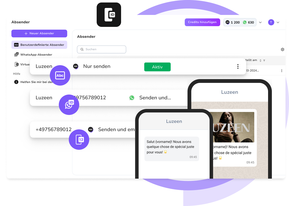 TopMessage-Absender-Dashboard mit Benutzeroberfläche zur Absendererstellung und -verwaltung
