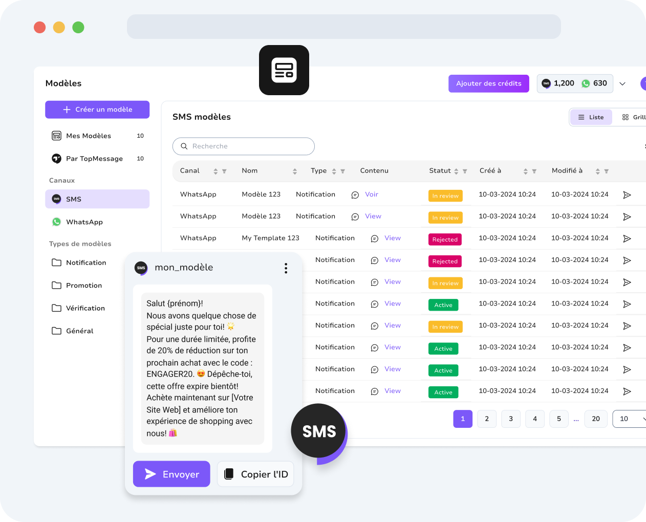Einheitliches TopMessage-Dashboard mit SMS- und WhatsApp-Vorlagen für ein optimiertes Kommunikationsmanagement.