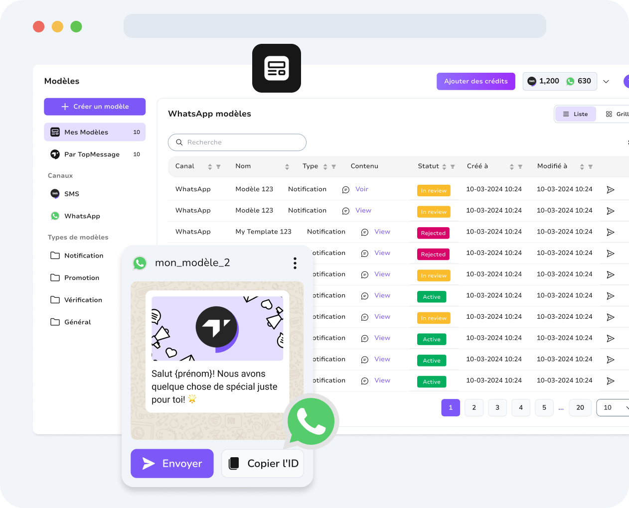 Einheitliches TopMessage-Dashboard mit WhatsApp- und SMS-Vorlagen für ein optimiertes Kommunikationsmanagement.