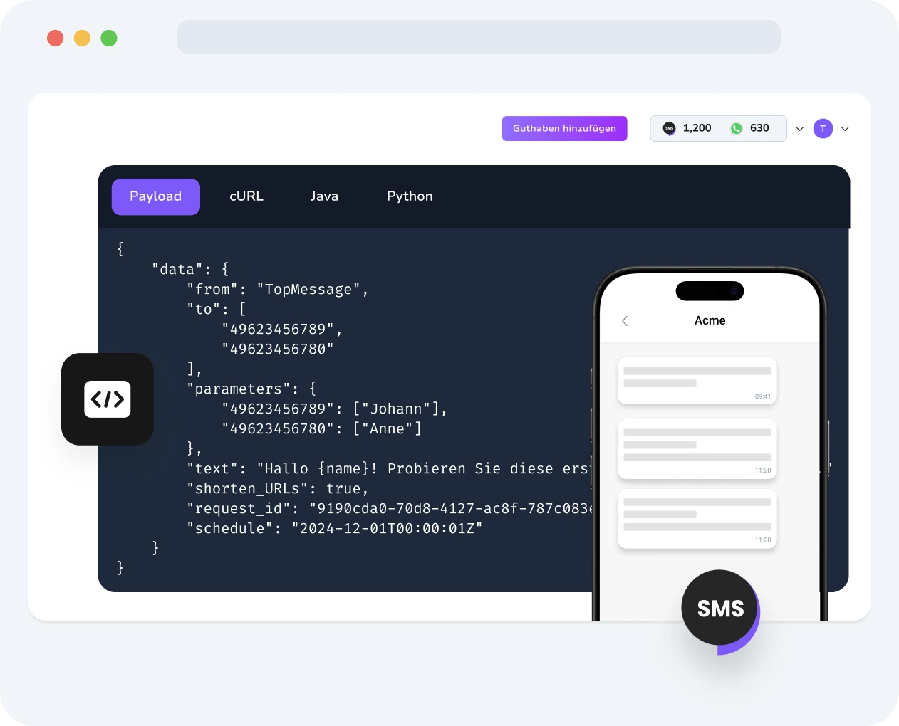 Screenshot des TopMessage-Dashboards mit SMS-Verify-API-Anfragen, Zeitverläufen der Codezustellung und Echtzeit-Verifizierungsergebnissen.