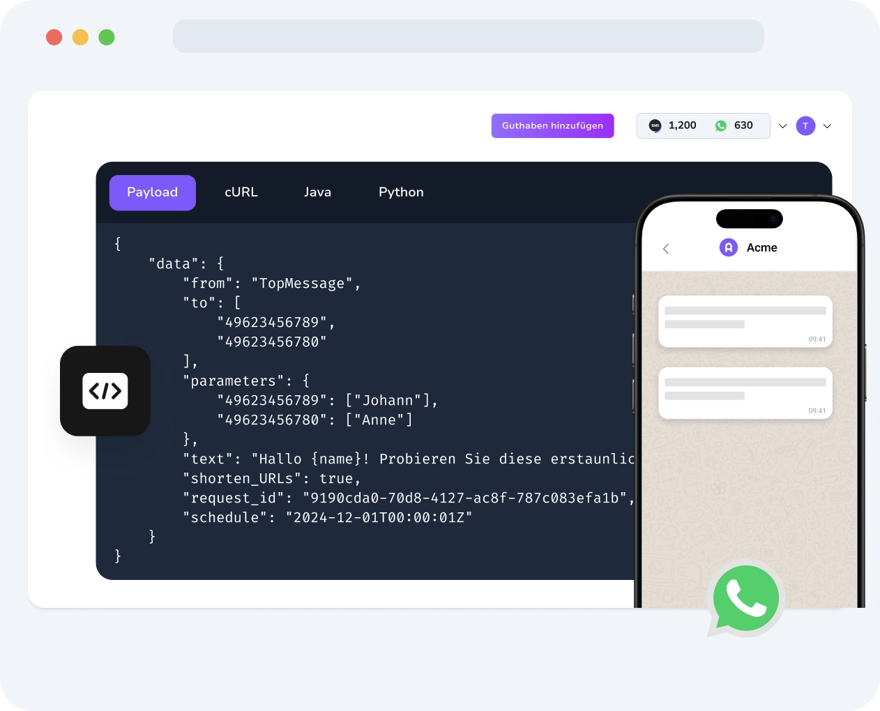 Screenshot des TopMessage-Dashboards mit Aktivitäten der WhatsApp Verify API, einschließlich Protokollen zur Codezustellung, Verifizierungserfolgsraten und Details zum Nachrichtenfluss.