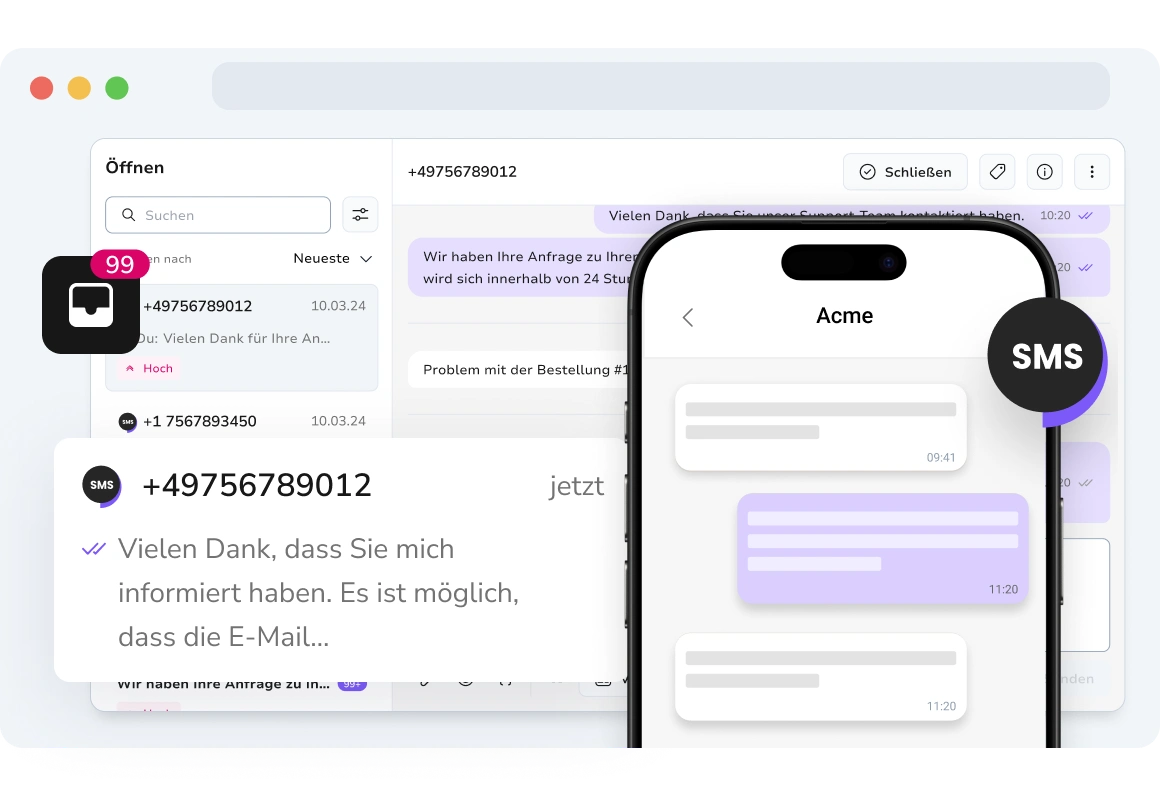 Screenshot of user interacting with two-way SMS messages using TopMessage virtual number