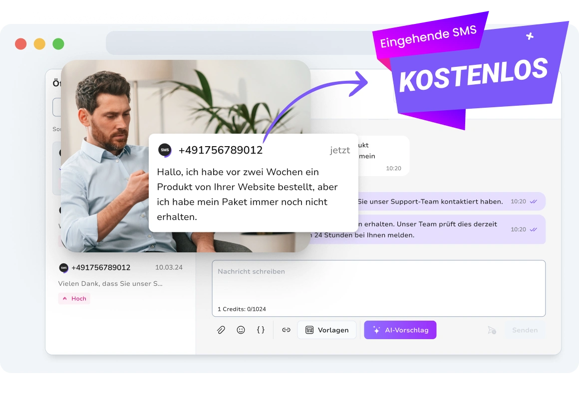 Screenshot, der die Funktion für kostenlose eingehende SMS in TopMessage zeigt.