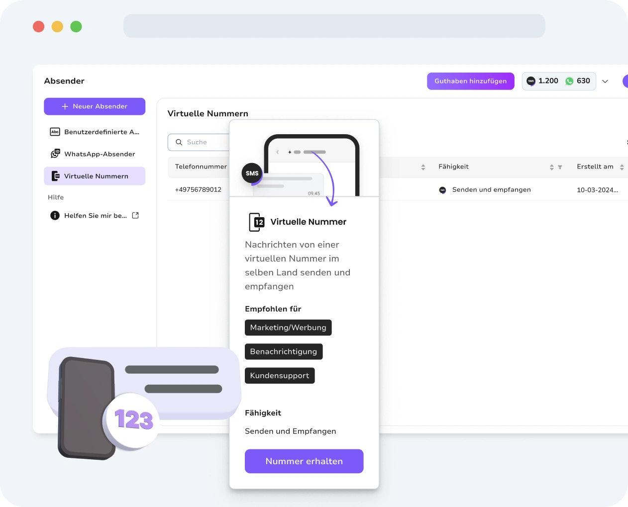 Screenshot der TopMessage Oberfläche für virtuelle SMS Nummern.