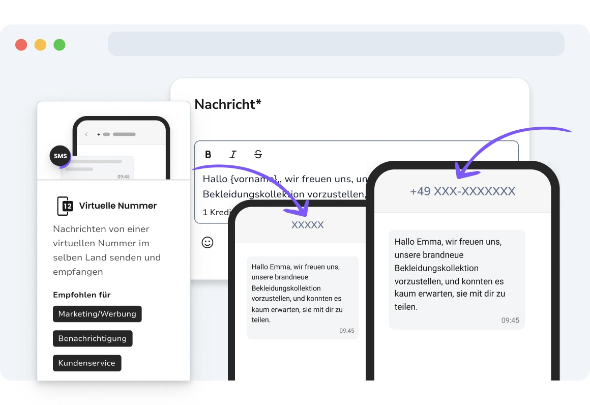Screenshot der TopMessage-Seite mit Anzeige von Lang- und Kurzcodes für SMS-Nachrichten.