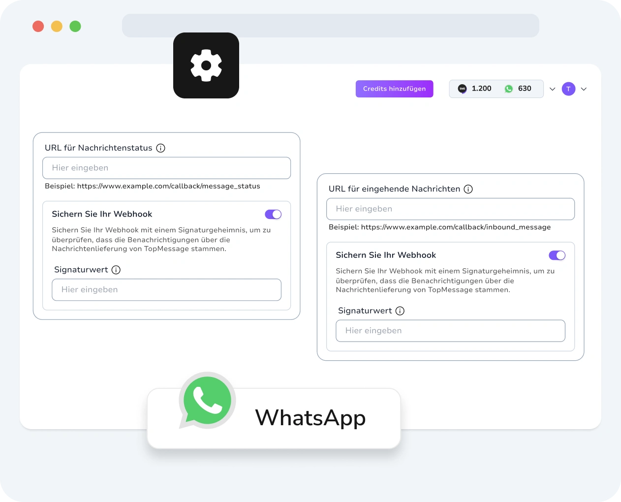 Screenshot der TopMessage-Oberfläche mit WhatsApp-Webhook-Einrichtung, Anpassung und Leistungsmetriken