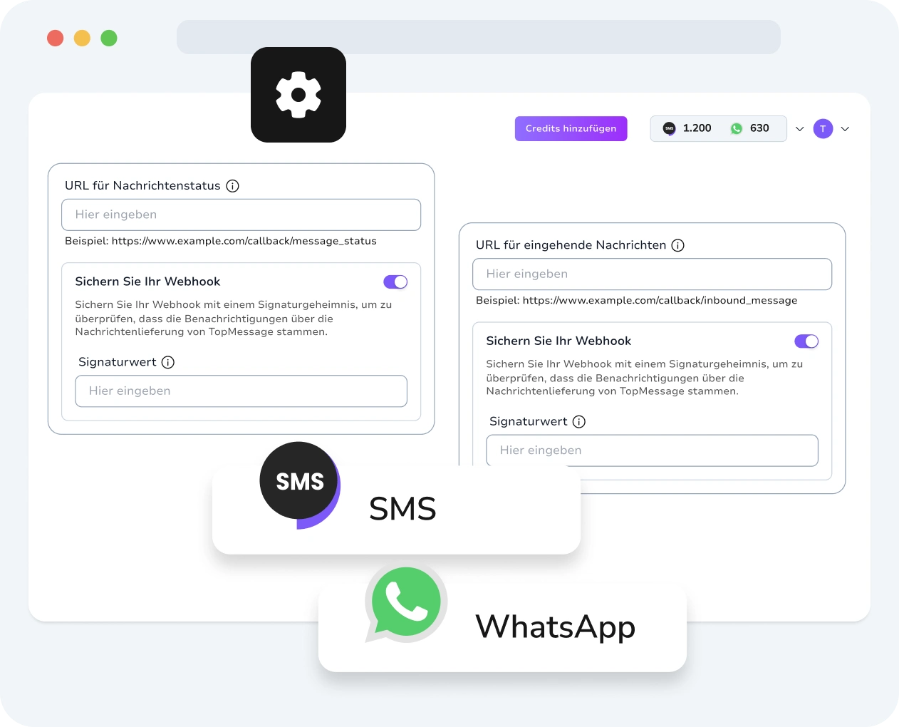 Screenshot der TopMessage-Oberfläche, der die Erstellung und Konfiguration von Webhooks mit Leistungsmetriken zeigt