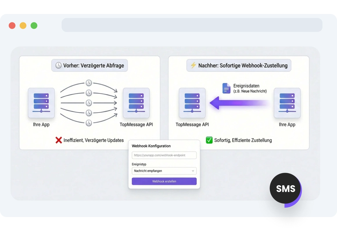 Dashboard zeigt TopMessage SMS Webhooks bei der Zustellung von Echtzeit-Updates für jede Kundenanfrage oder Nachrichtenzustellung
