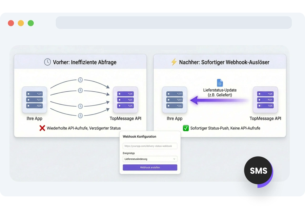 Interface zeigt, wie TopMessage SMS-Webhooks Ihre App sofort aktualisieren, wenn sich SMS-Status von ausstehend zu zugestellt oder fehlgeschlagen ändern