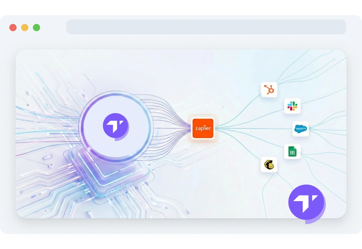 Zapier-Oberfläche mit App-Bibliothek und CRM-Integrationen wie HubSpot, Salesforce und Pipedrive, die mit TopMessage verbunden sind.