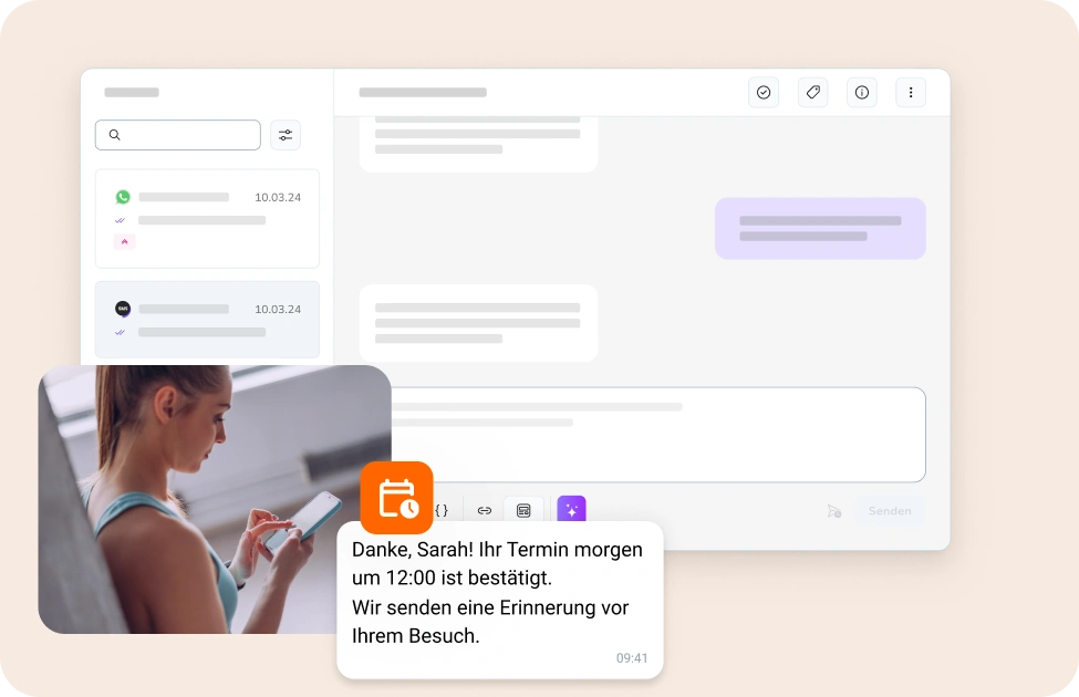 Frau schaut auf ihr Smartphone und erhält eine TopMessage-Erinnerung an ihren Arzttermin, Dashboard im Hintergrund.