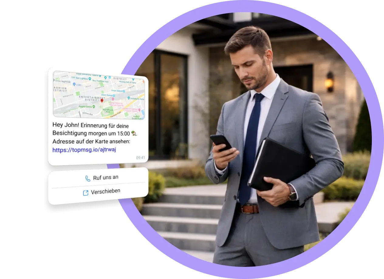 Immobilienmakler senden SMS- und WhatsApp-Nachrichten an Käufer, Verkäufer und Investoren, um Immobilien-Updates zu teilen und die Kommunikation zu verwalten