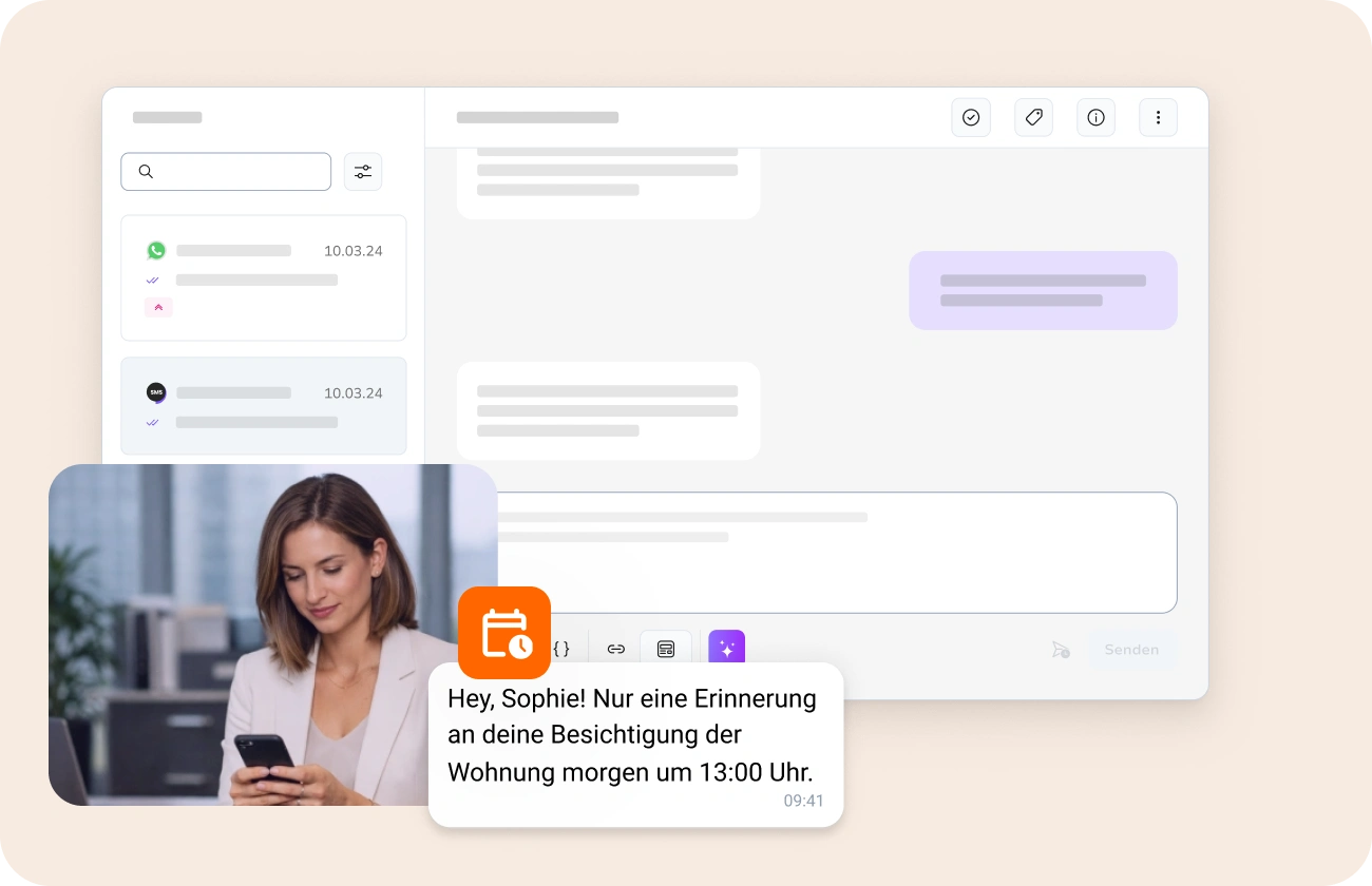 Immobilienexperten kommunizieren während der gesamten Immobilienreise per SMS und WhatsApp mit Käufern, Verkäufern und Mietern.
