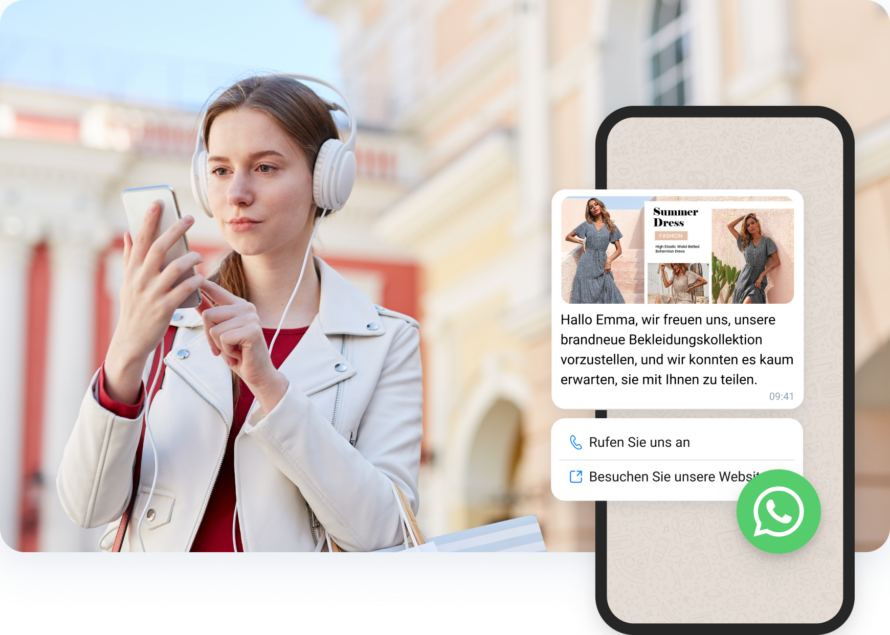 Mädchen mit weißen Kopfhörern liest WhatsApp-Nachrichten, die sie aus dem E-Commerce erhalten hat
