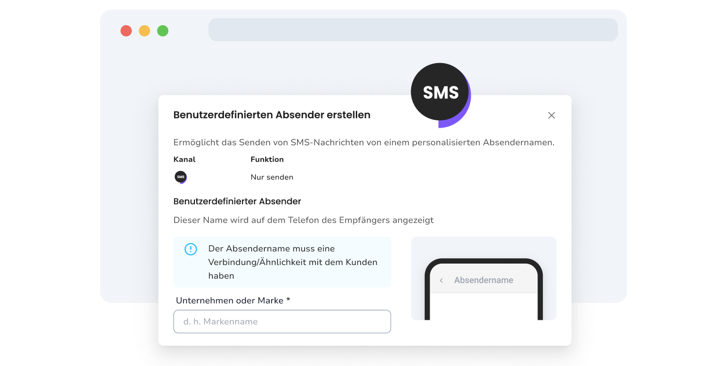 Screenshot der Seite zur Einrichtung eines gebrandeten SMS-Absenders bei TopMessage.