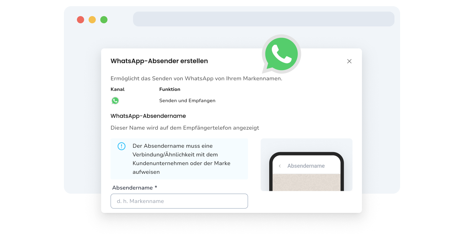 Screenshot der Seite zur Verwaltung von WhatsApp-Absendern in TopMessage.