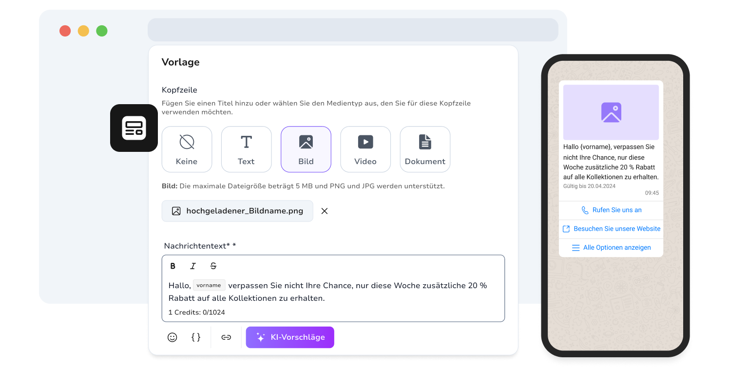 Screenshot der Seite zur dynamischen Erstellung von WhatsApp-Vorlagen von TopMessage