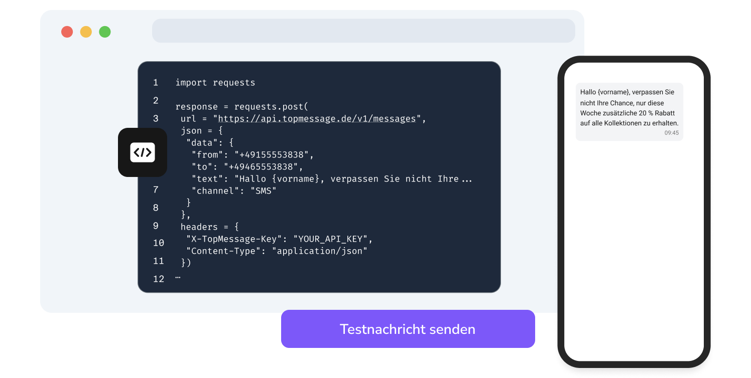 Screenshot der TopMessage-API-Seite, die die SMS-Code-Testfunktion anzeigt.
