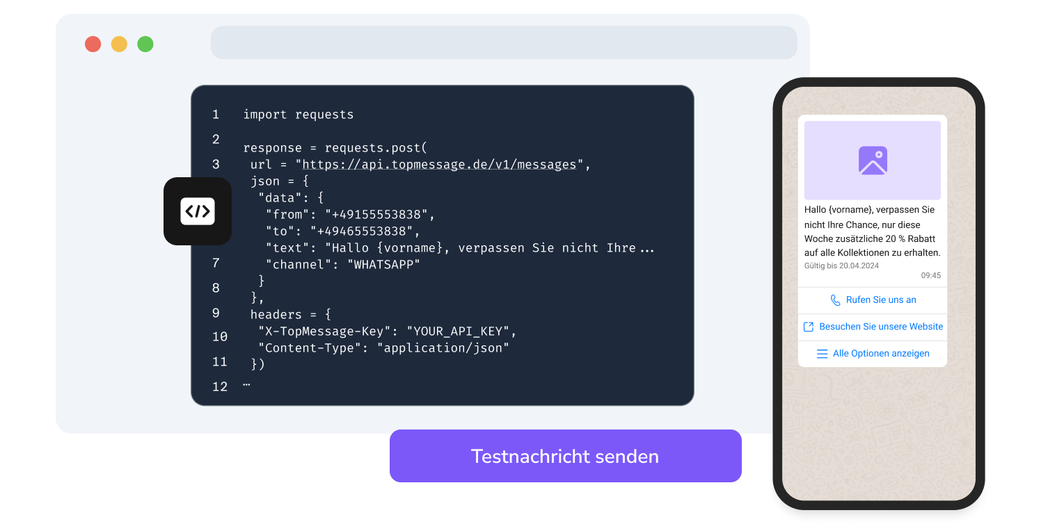 Screenshot der TopMessage-API-Seite mit der WhatsApp-Code-Testfunktion.