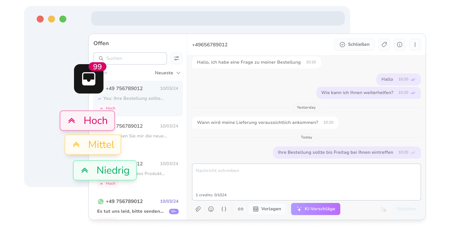 Screenshot des einheitlichen Nachrichten-Posteingangs von TopMessage mit Konversationsprioritäten