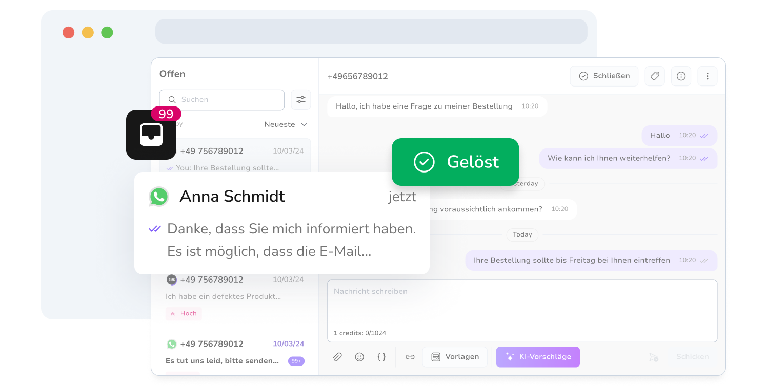 Screenshot des einheitlichen Posteingangs von TopMessage mit aufgelösten WhatsApp-Konversationen.