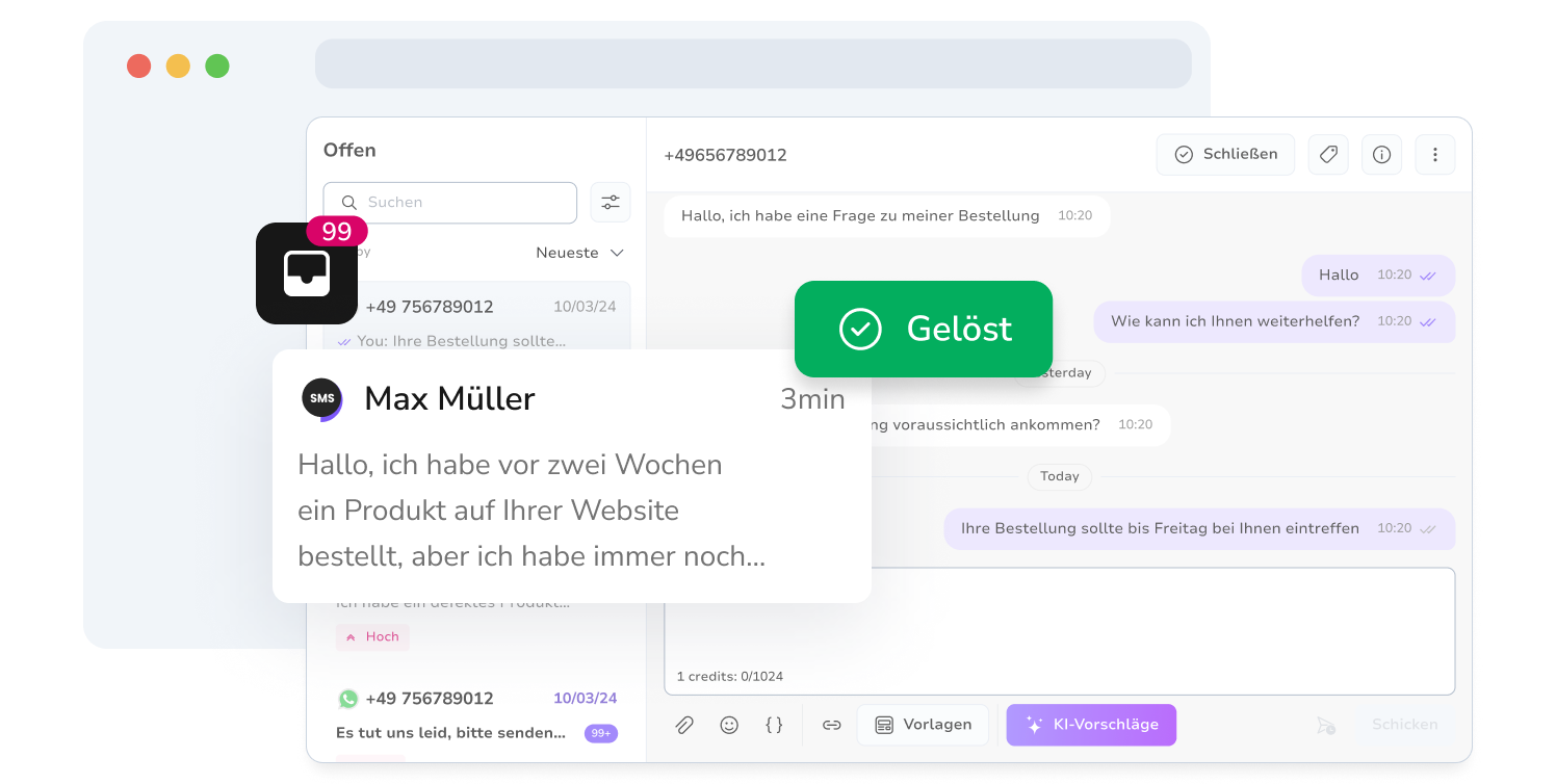 Screenshot des Unified Messaging-Posteingangs von TopMessage mit aufgelösten SMS-Konversationen