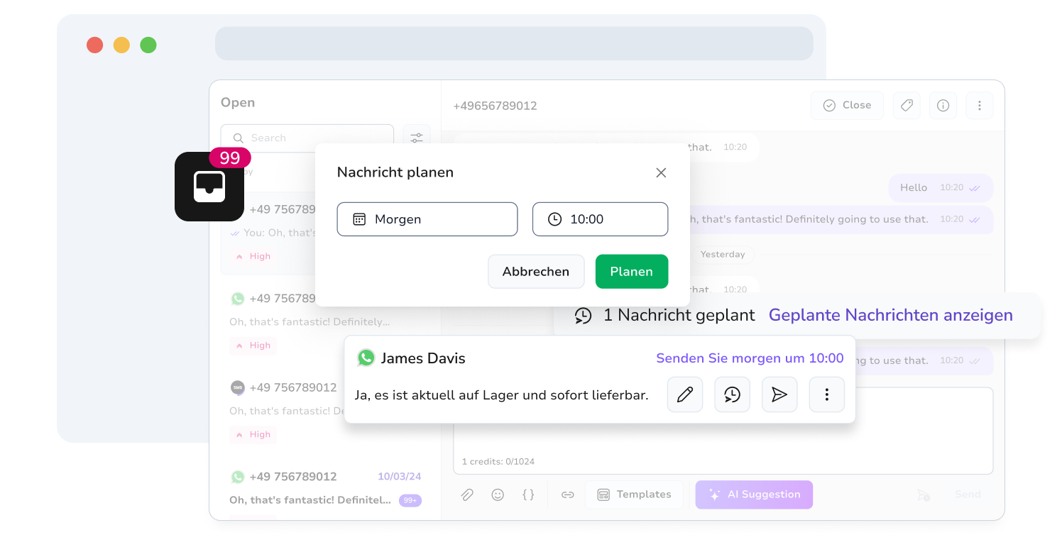 Screenshot der WhatsApp-Posteingangsseite von TopMessage mit Planungsfunktion.